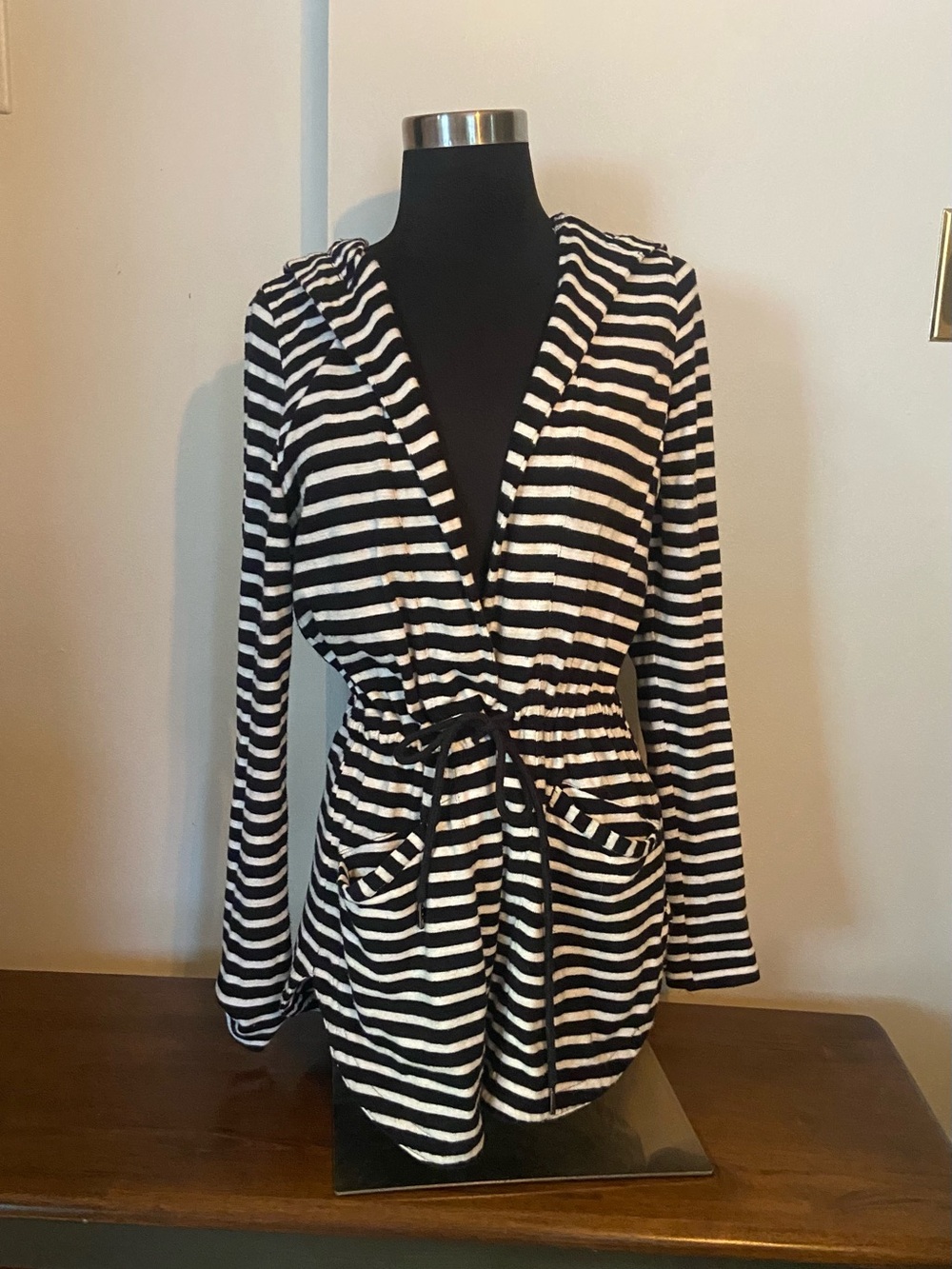 LOFT Black and White Striped Hooded Cover-Up with Tie Waist